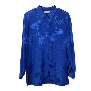 Vintage 90s Christie & Jill Blue Jacquard Oversized Button Shirt Blouse Medium